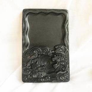 l泰古阁二龙戏水长墨方形初素文房四宝套用装澄泥砚台天然原石蝶