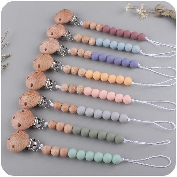 Wooden Baby Chew Bead Pacifier Clips Dummy Chain Holder