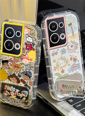 oppoReno9Pro十手机壳Reno95G适用oppo新款0pp0镜面泡芙KT猫小新reon外壳opporone全包防摔女opporen09poreno