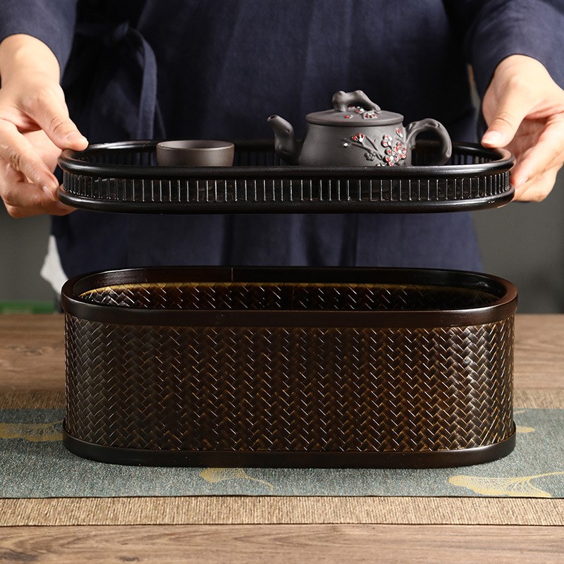 竹编椭圆食盒 整理盒茶具收纳盒漆器复古M食盒收纳筐礼品包装盒