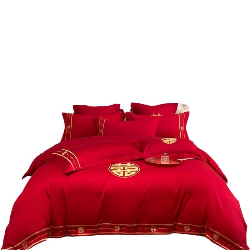 简被约式婚庆四件套大红色龙凤刺用绣喜被婚房床单套结OST婚床上