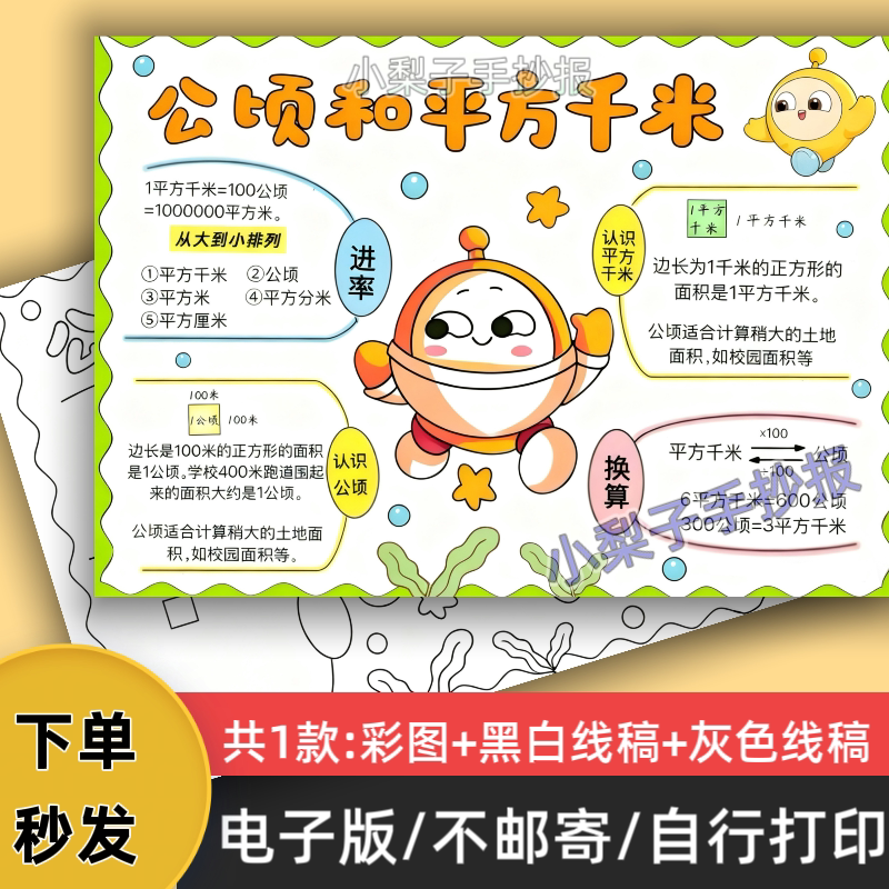 公顷和平方千米手抄报模板电子版小学生四年级数学上册小报线稿 - 实物图