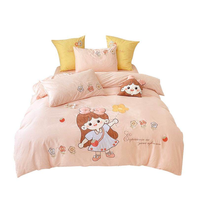 可爱小清新纯棉四件套公主风床少女心全棉儿童卡通贴布绣刺绣套件