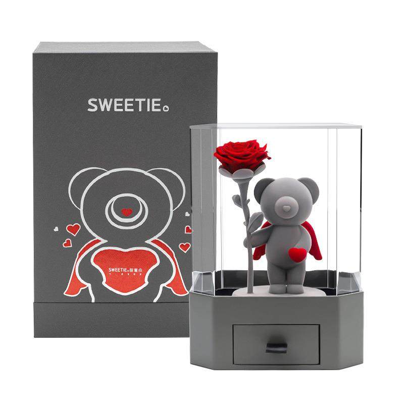 小熊永生花首饰盒七夕情人节礼物送女生创意礼品玫瑰花摆件