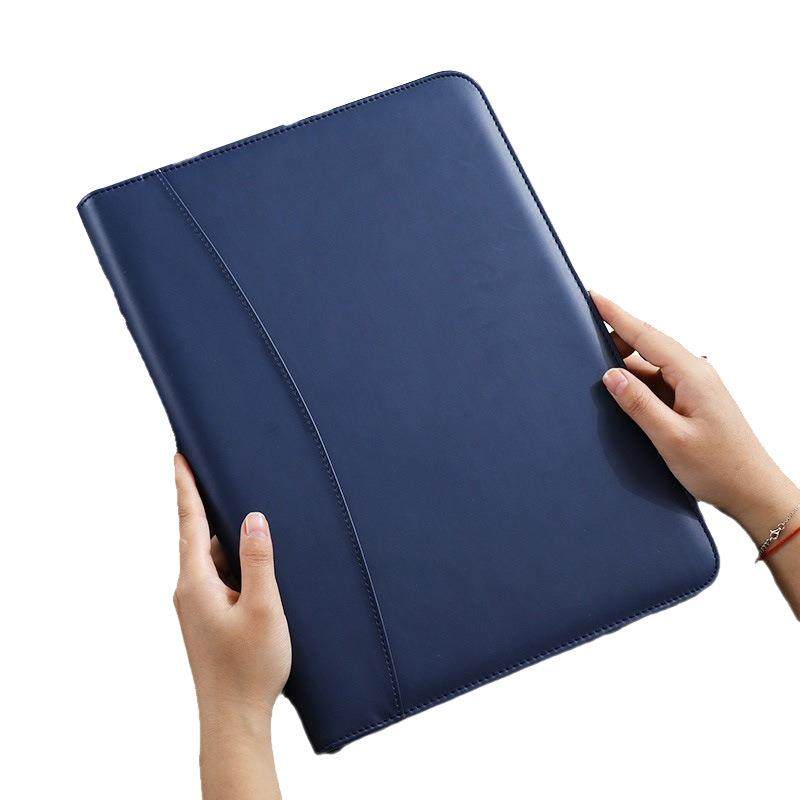 蓝色A4多功能活页经理夹拉链包写字板商务资料皮质袋双隔层收纳夹