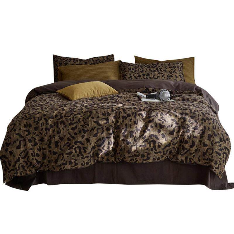 美式复古豹纹全棉泡泡纱四件套纯棉空气层提花高级感被套床上用品