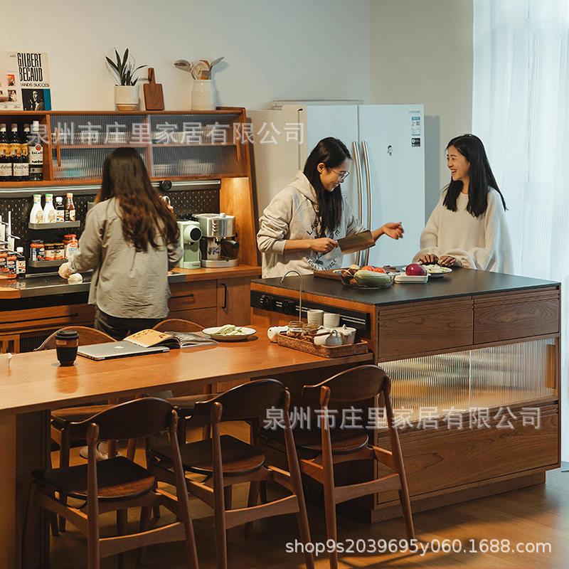 庄里围炉中岛台开放式厨房吧台餐桌一体柜餐厅实木岩板料理储物柜