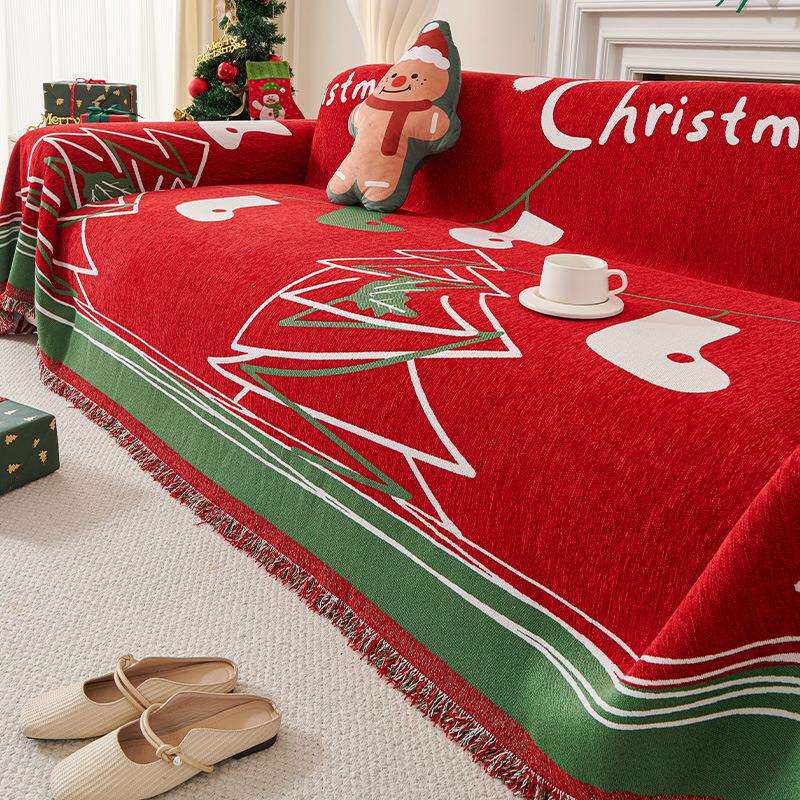 雪尼尔沙发巾盖毯四季通用一片式沙发垫子红色喜庆圣诞风沙发盖布