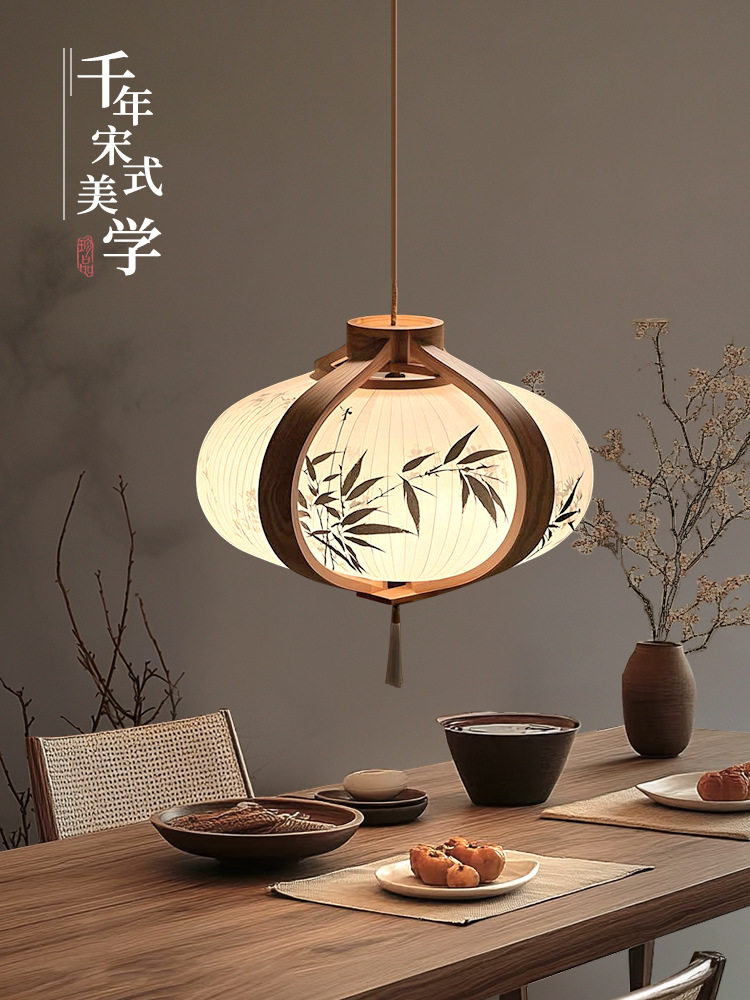 宋式美学家居竹叶实木灯笼布艺吊灯水墨画餐厅灯茶室卡座卧室用灯