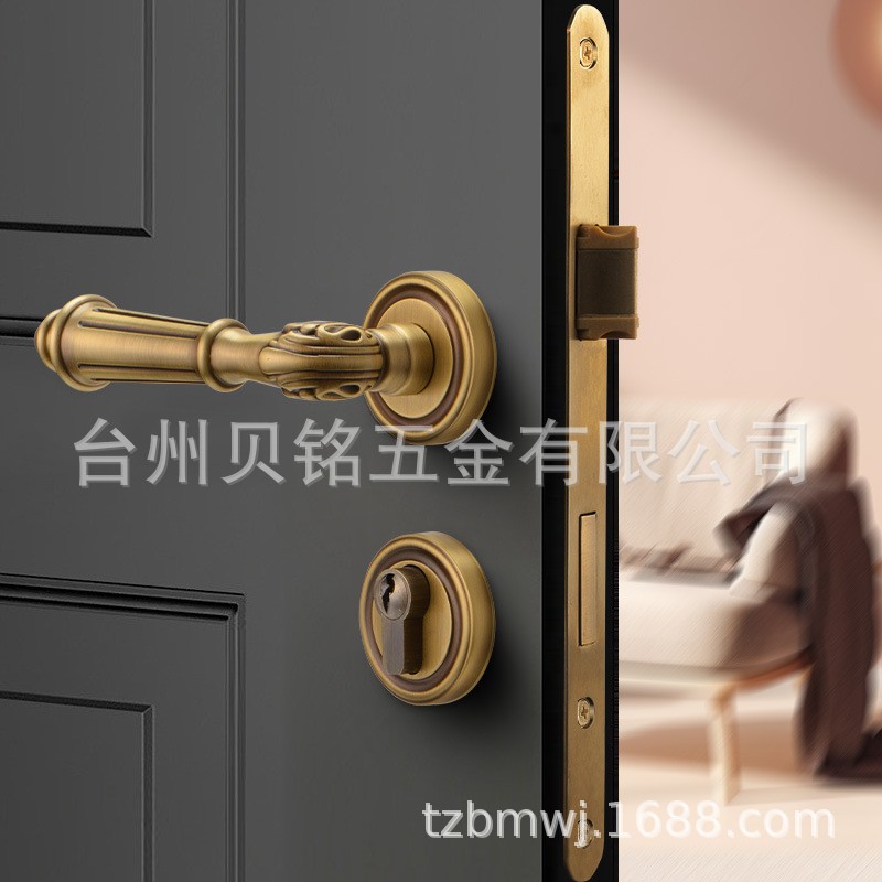 黄铜法式室内门锁黄铜磁吸静音木门把手复古金色实木锁卧室家装