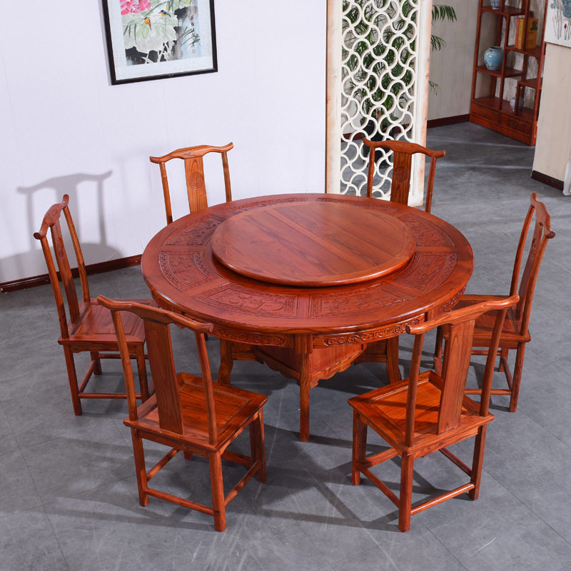 实木餐桌椅组合 中式仿古雕花转盘酒店电动餐桌圆桌榆木大圆桌