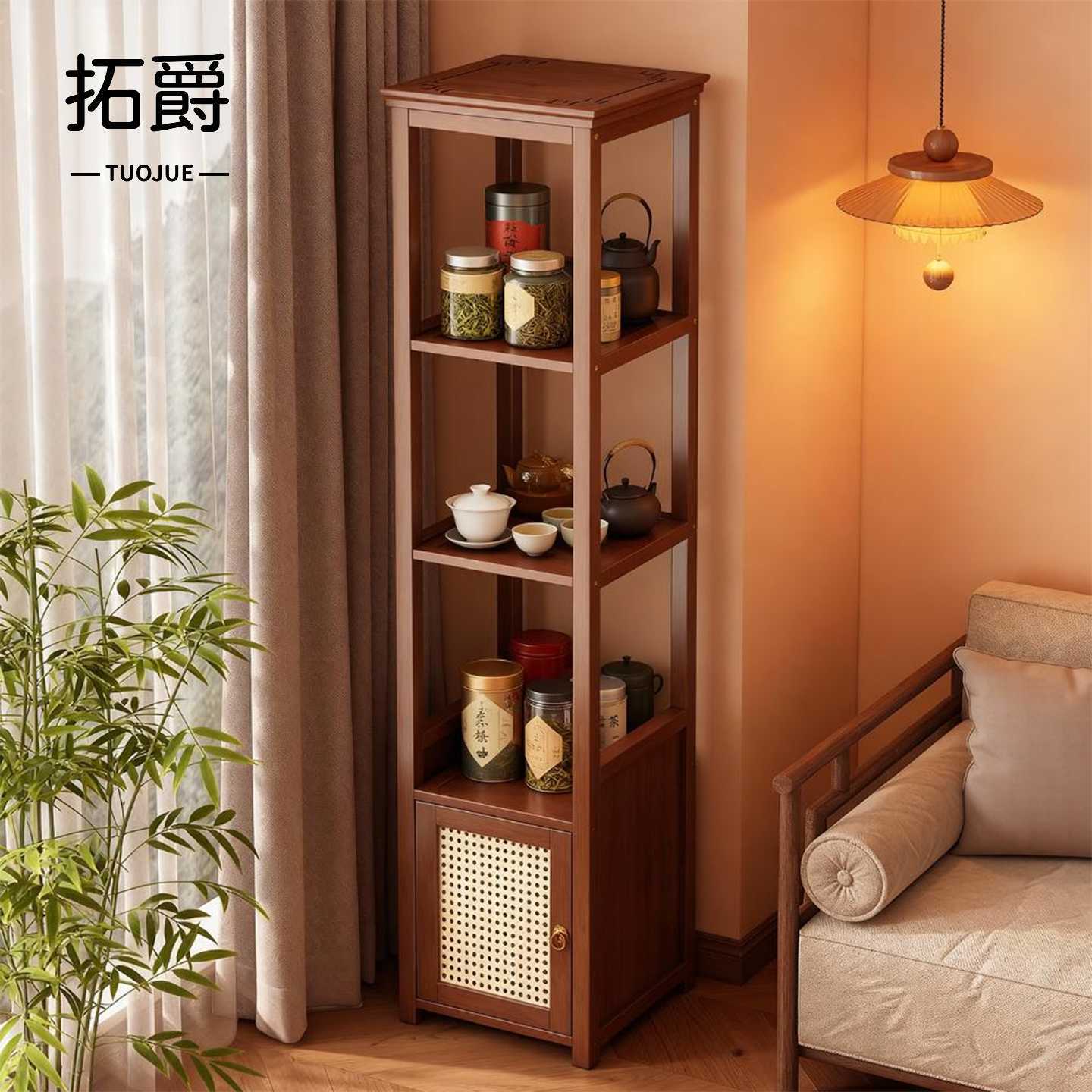 博古架小型茶具置物架子新中式多层茶架展示柜客厅窄款摆件收纳柜