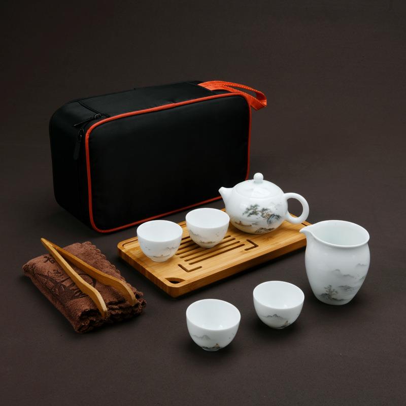 白瓷手拉坯手绘山水功夫旅行茶具家用一壶四杯茶杯套装迷你便携包