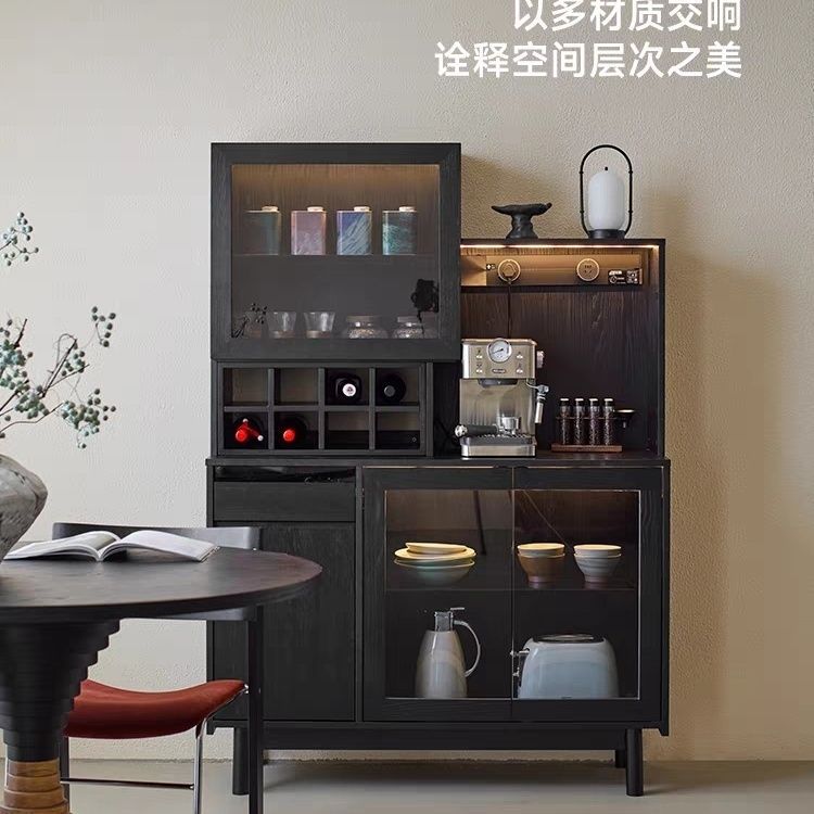 黑色实木靠墙一体储物餐边柜