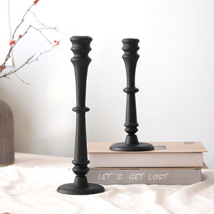 简约黑色铸铁蜡烛台 家居客厅餐厅装饰摆件 美式复古烛台两件套