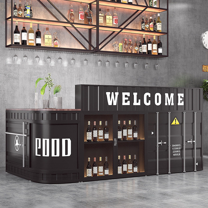 工业风集装箱转角吧台收银台酒吧创意烧烤店健身房复古接待前台