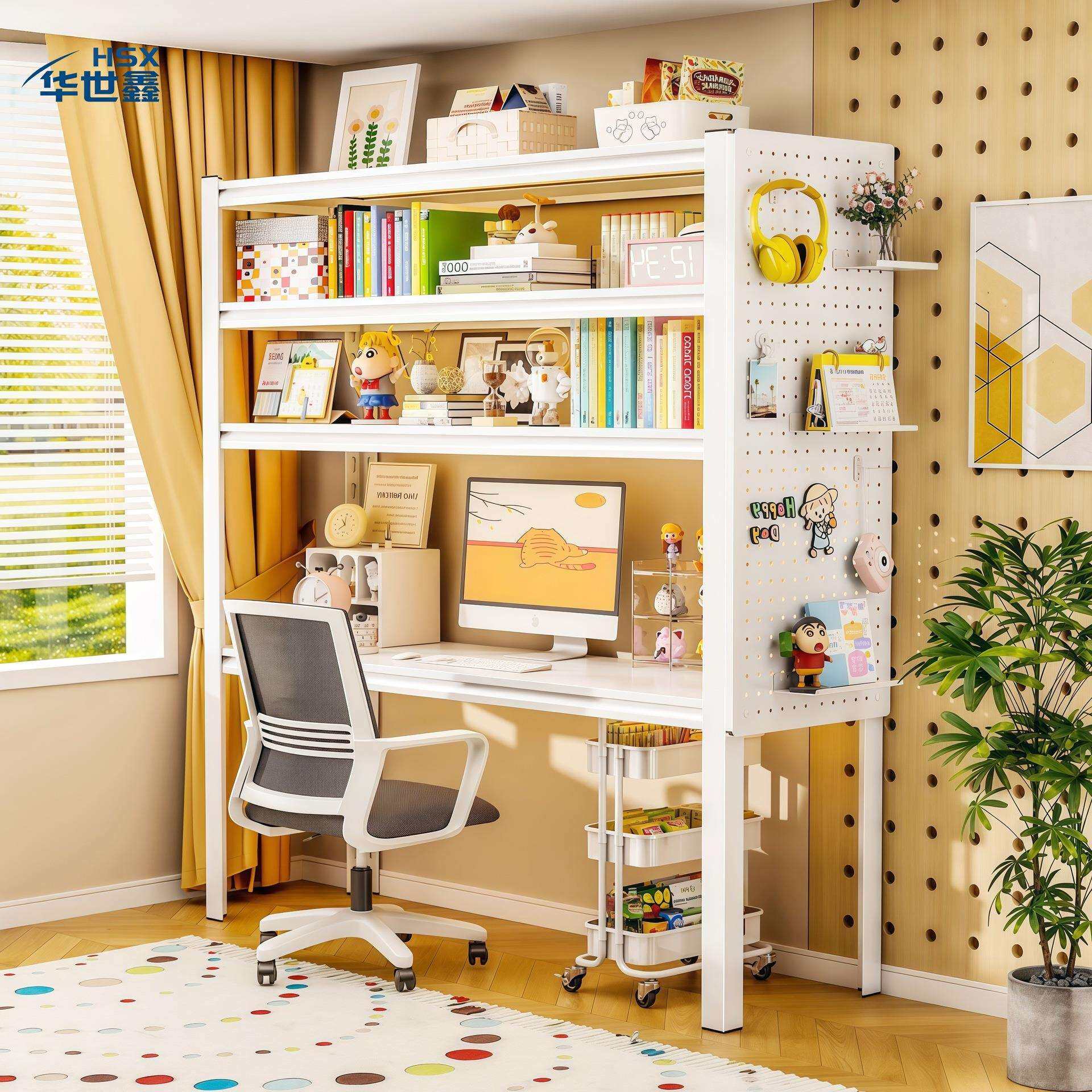 书桌书架一体落地置物架学生洞洞板多层储物收纳架简易货架电脑桌