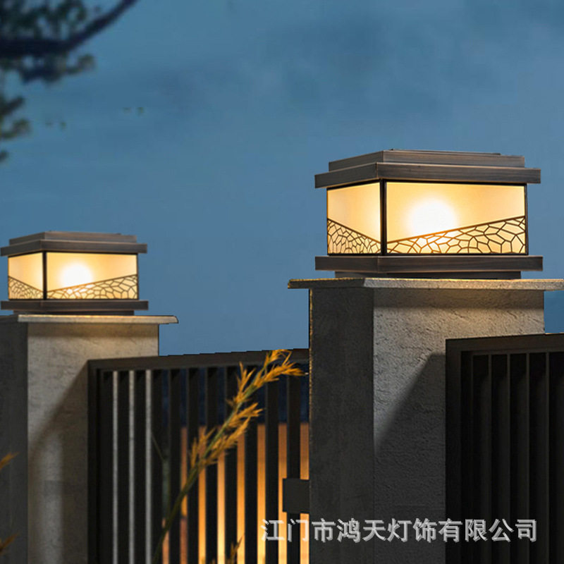 全铜新中式柱头灯太阳能户外花园庭院柱灯室外防水别墅大门柱子灯