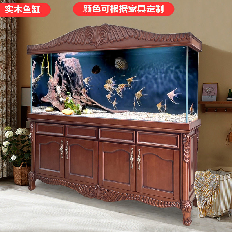 美式实木鱼缸家用客厅大型生态水族箱底滤超白玻璃带雕花柜子一体