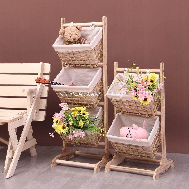 0实木落地吊篮置物架藤编收纳架多层客厅储物架花架田园布艺书报