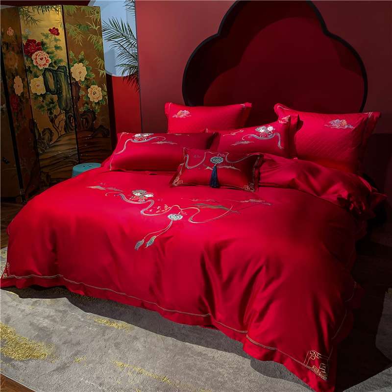 婚庆喜事丨S100贡缎长绒棉刺绣四件套大红色结婚幸福婚嫁床品套件