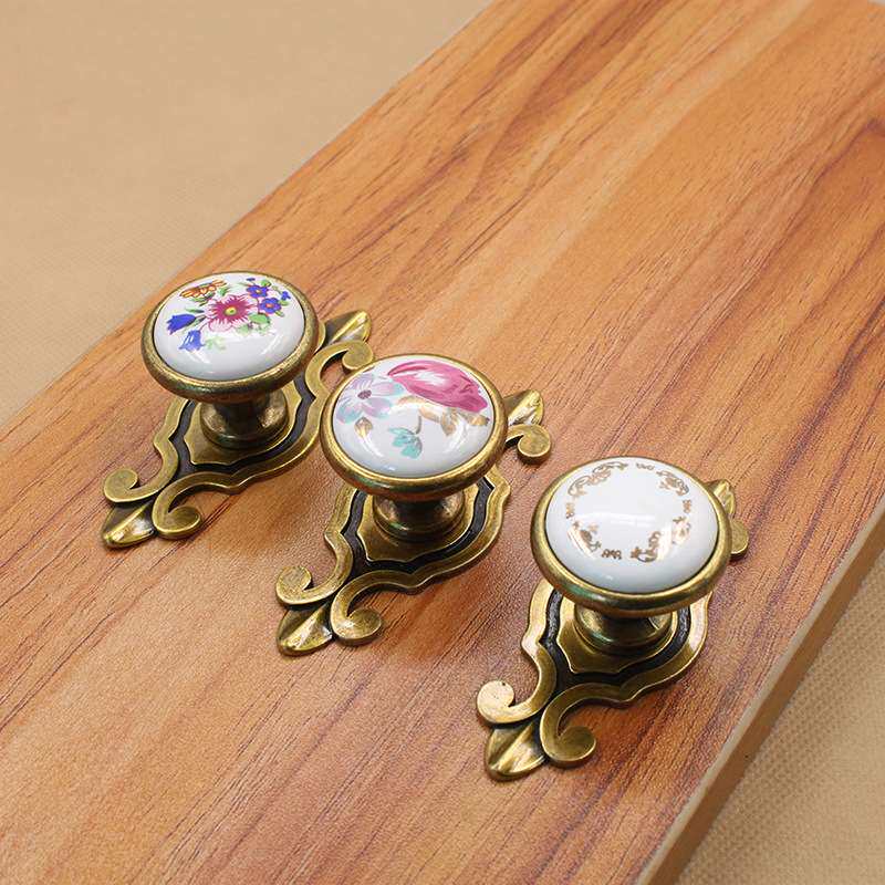 家具柜门陶瓷拉手衣橱柜抽屉欧式简约仿古玫瑰花田园黑白单孔把手