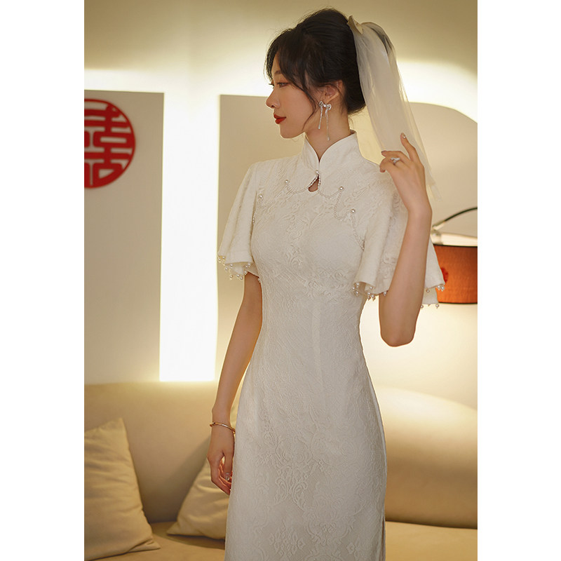 速发中国风旗袍礼酒服新娘2服25新款订婚敬0平时可穿领证小白裙