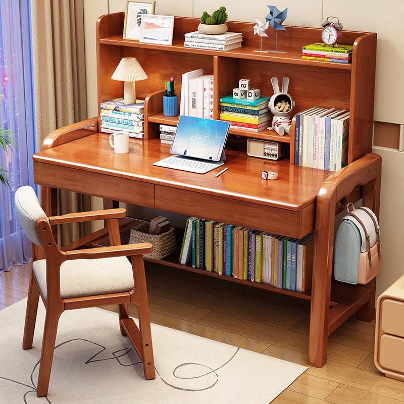 速发实木书桌中小学生家用电架一体桌卧室儿童可升降学习写字桌书