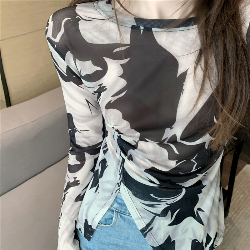 速发水墨印花网长t恤圆领纱袖气质设计感不规则打底衫潮