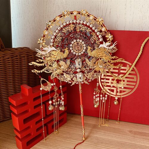 现货速发MX2结婚新娘团扇中式婚礼红色扇子出嫁手工喜扇材料秀禾