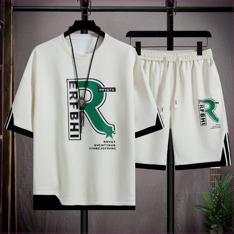 帝羽男装工厂夏季专柜品质男士套装宽松大码休闲印花潮流短袖套装