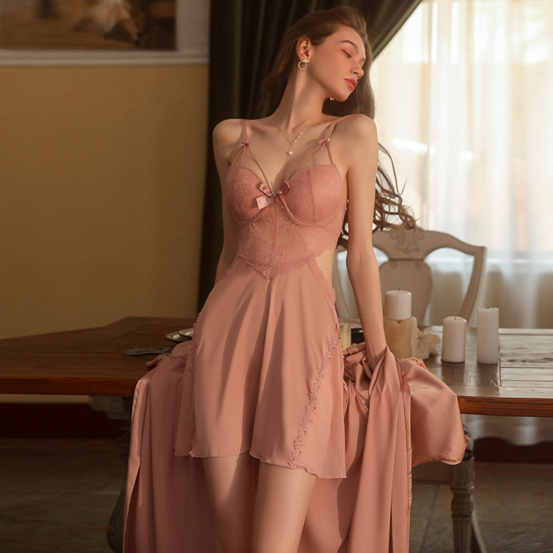 吊带胸垫性感睡衣女冰丝新款蕾丝家居服火辣纯欲睡裙两件套睡袍女