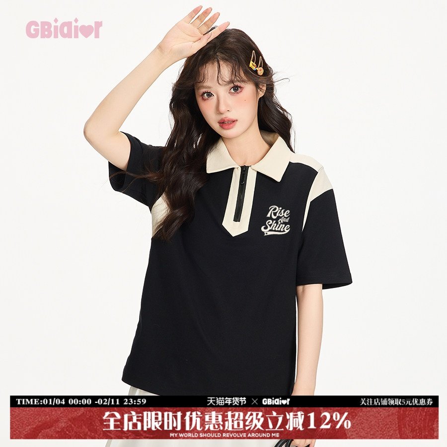 Gbiaior美式拼接设计感休闲字母印花polo衫短袖t恤女情侣休闲上衣,女装/女士精品,POLO衫,淘宝优惠券,粉丝福利购,淘宝优惠卷