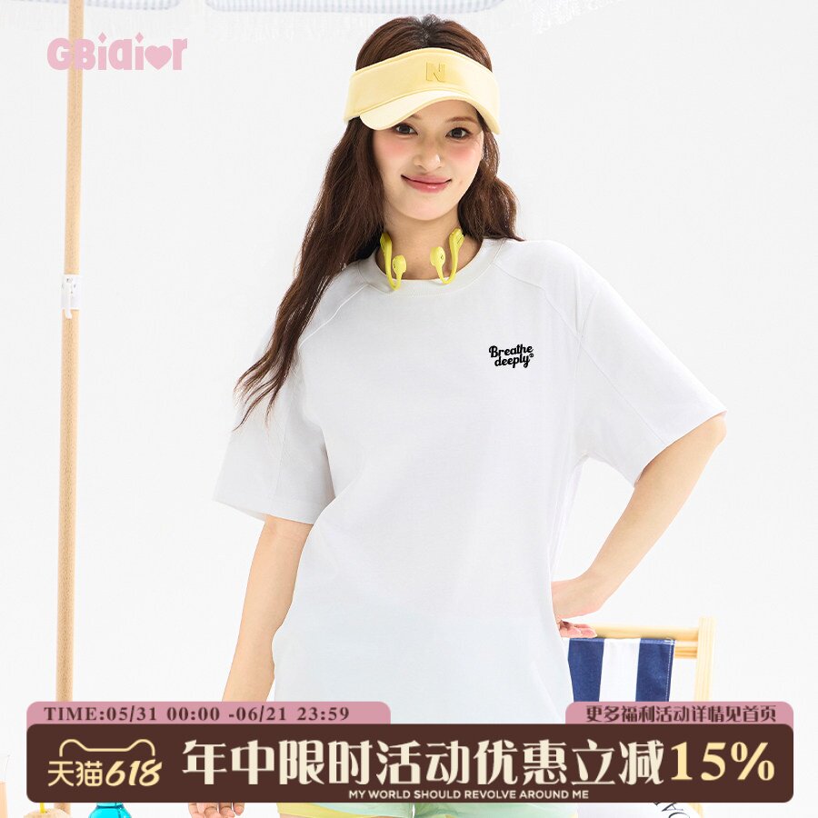 Gbiaior美式复古白色字母印花短袖T恤女休闲百搭通勤潮牌圆领上衣