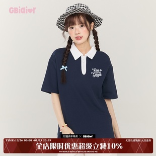 字母印花休闲撞色上衣潮 t恤女polo衫 Gbiaior2025春夏新款 翻领短袖