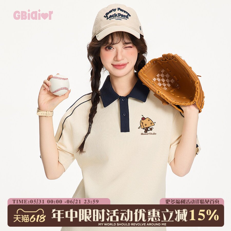 Gbiaior学院风可爱奶酪短袖polot恤女潮牌情侣夏季休闲甜美风上衣