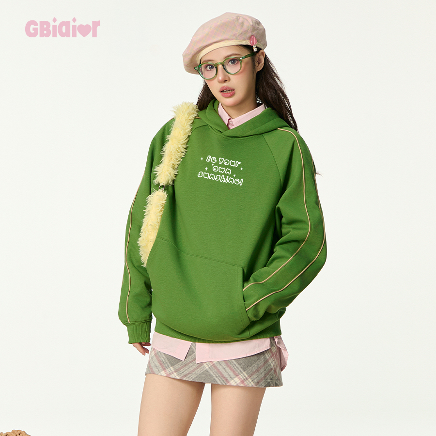 Gbiaior美式复古运动风绿色连帽卫衣女加绒情侣秋冬字母印花上衣