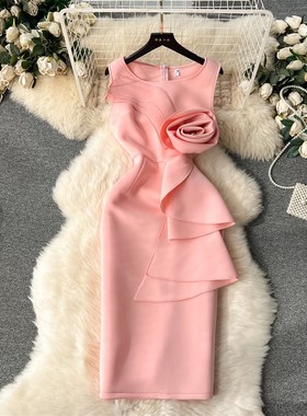 速发法式富家千金裙聚会礼服平时可穿设计感立体花端气高质连衣裙