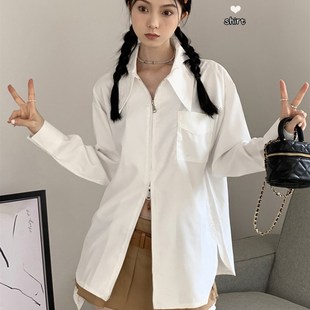 速发式法拉链白感长袖设计色小众大码宽松衬衣别致上衣