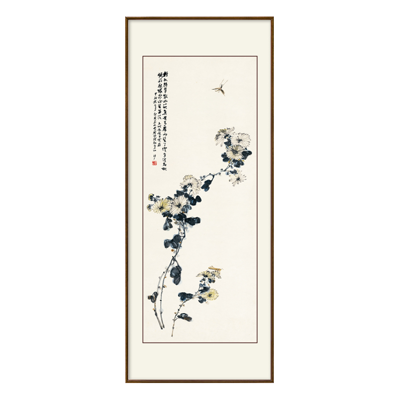新中式入户水墨装饰画走廊玄关过道花卉竖版书房茶室实木高档挂画图片