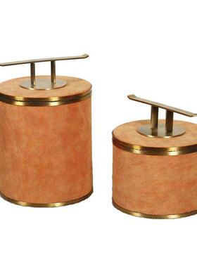 极速现代新中式样板房软装饰品摆件储物罐橙色橘色皮质首饰盒金属