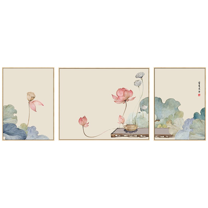 荷花新中式客厅装饰画三联组合沙发背景墙挂画中国风书房茶室壁画图片