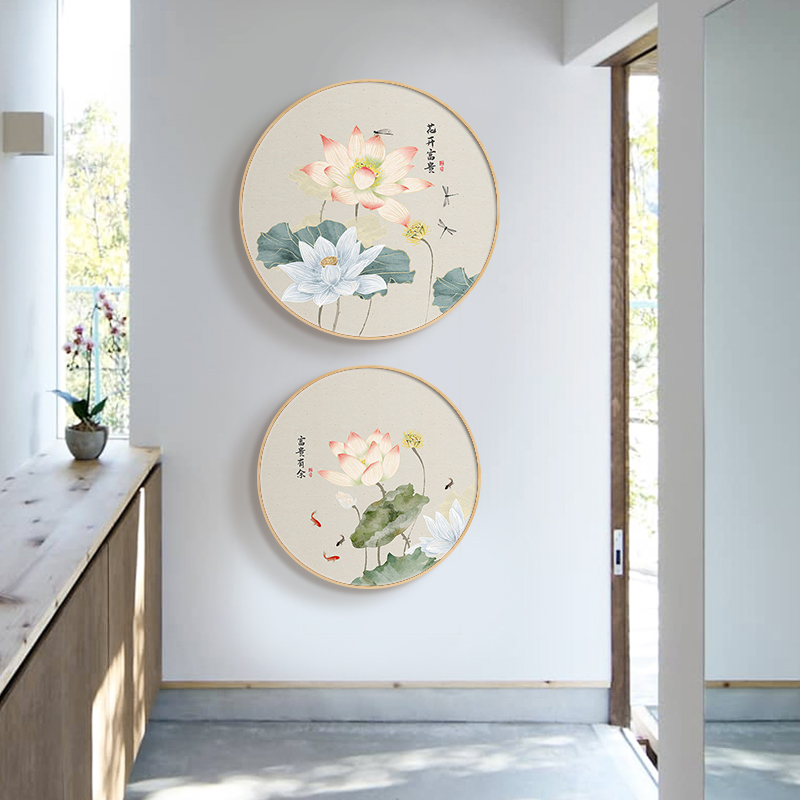荷花九鱼图新中式玄关装饰画入户中国风客餐厅圆形挂画走廊寓意好图片