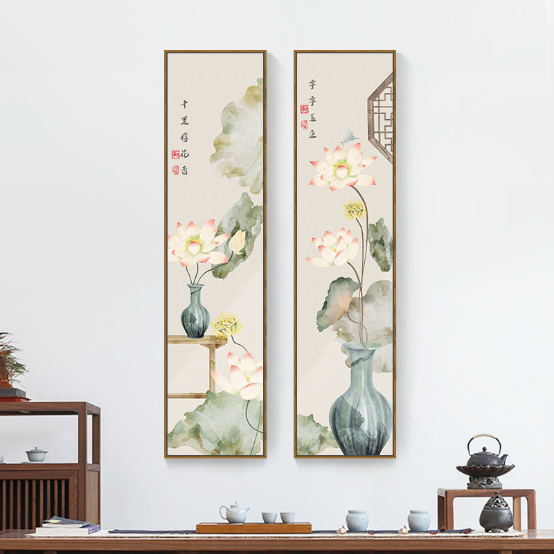 新中式沙发背景墙四联挂画客厅荷花装饰画茶室壁画玄关禅意墙画竖图片