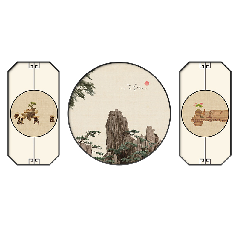 禅意荷花新中式客厅沙发背面墙面装饰画山水大气八边形圆三联挂画图片