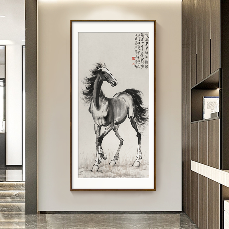 徐悲鸿骏马装饰画双骏图玄关水墨办公室书房国风走廊过道实木挂画图片