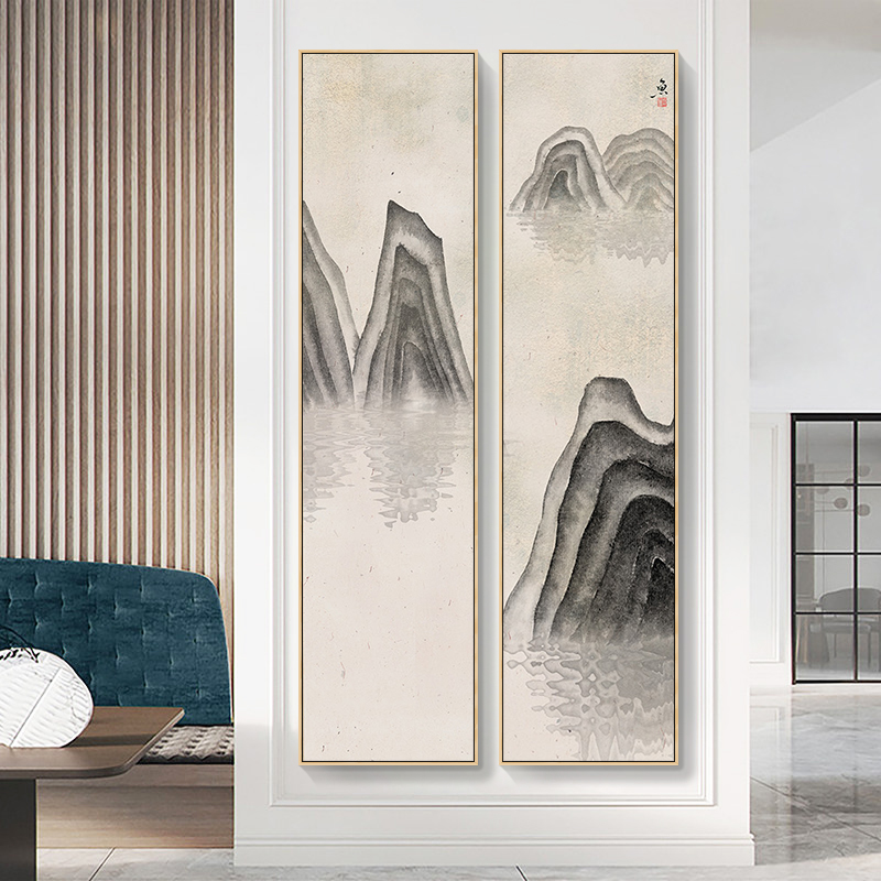 新中式玄关装饰画竖款长条壁画双联客厅走廊楼梯过道墙面山水挂画图片