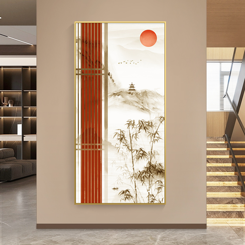 新中式松鹤延年入户玄关装饰画红日仙鹤图客厅背景墙楼梯走道壁画图片