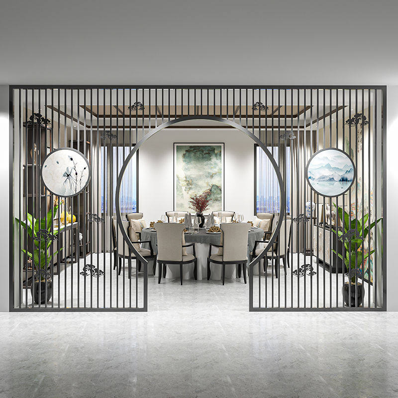 定制新中式茶餐厅仿古月洞门屏风铁艺隔断客厅玄关圆月亮金属拱门