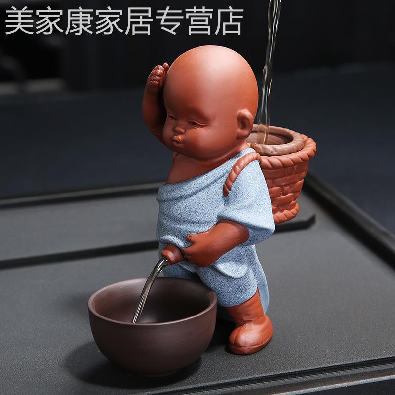 紫砂茶宠撒尿小和尚摆件创意尿童娃娃喷水陶瓷人物工艺礼品摆饰滤